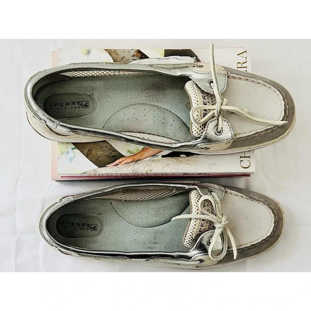 Sperry Top Sider Angelfish Womens Boat Silver Leather Casual Shoes Loafers 10M‎